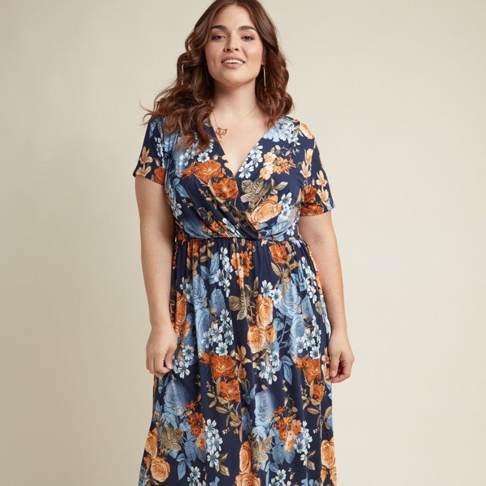 Blue Floral Cap Sleeve Knit Midi Dress